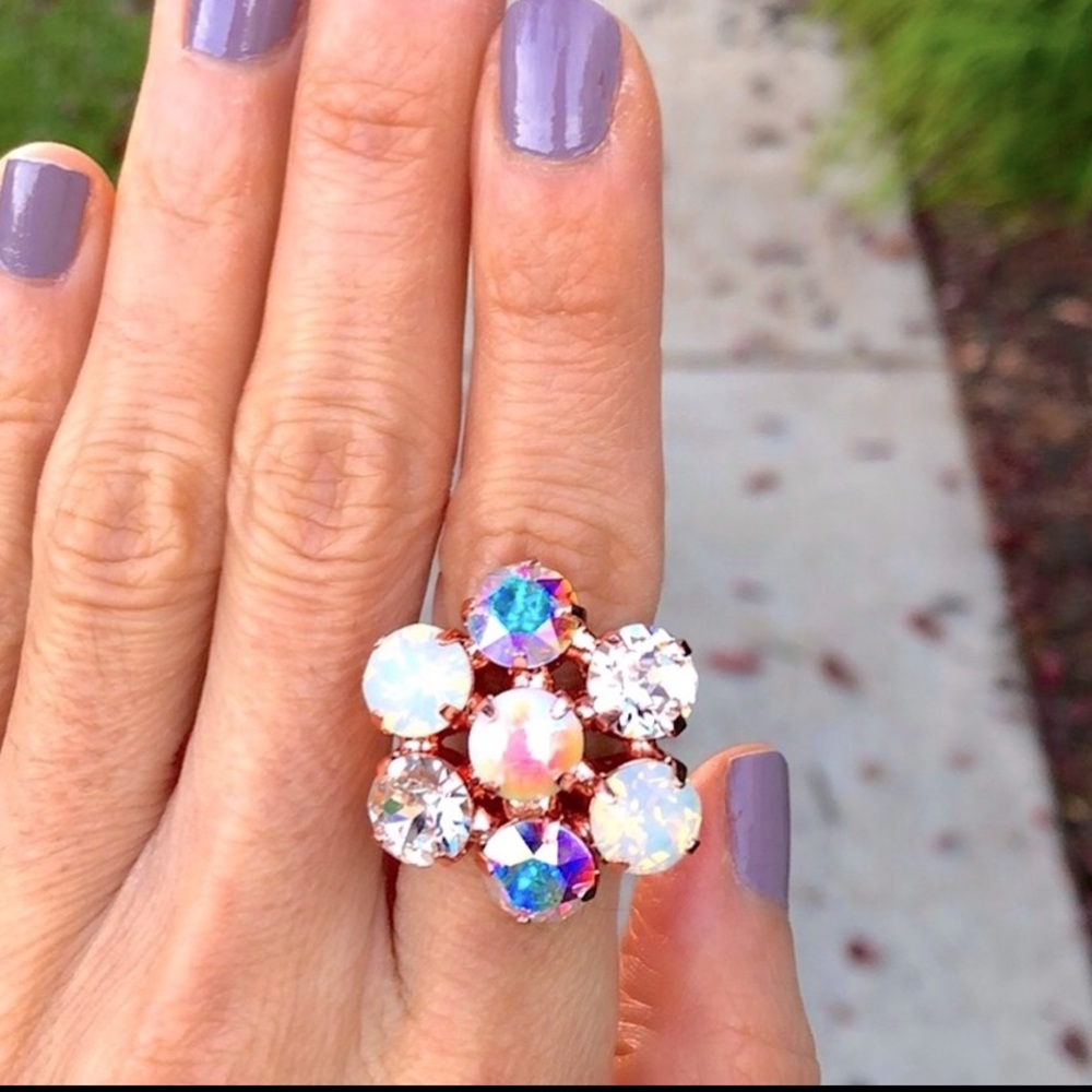 White Opal +Aurora Borealis Rose Gold Crystal Flower Cocktail Statement Ring